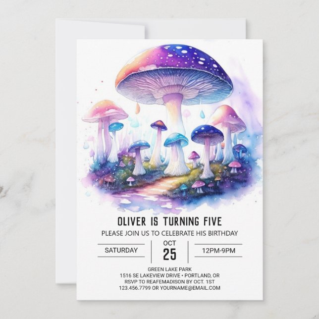 Watercolor Wonderland Mushroom Birthday Inbjudningar (Framsida)