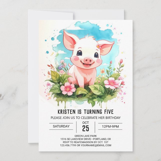 Watercolor Wonderland Pigletts Girl Birthday Inbjudningar (Framsida)