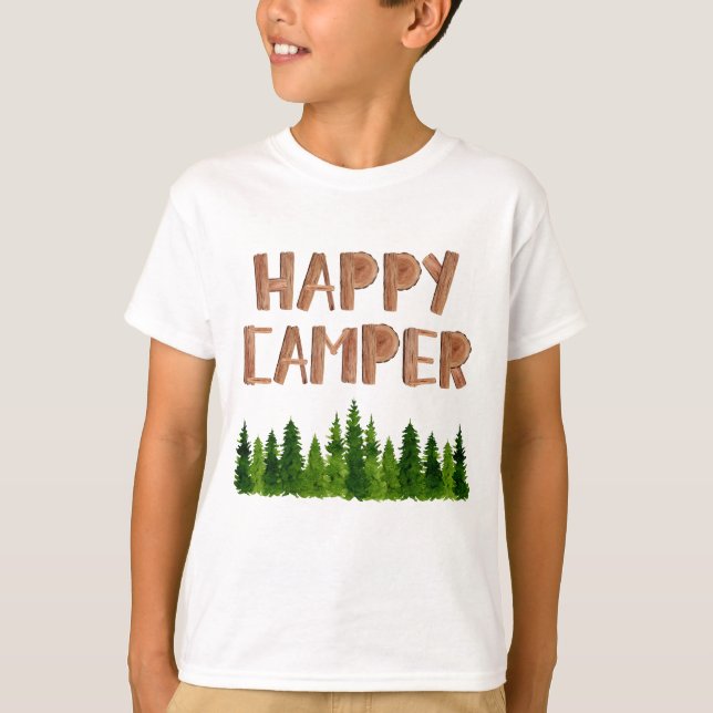 Watercolor Wooden Lycklig Camper Gräs Träd T Shirt (Framsida)