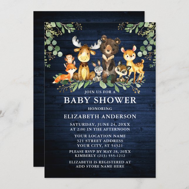 Watercolor Woodland Animals Wood Greenery Shower Inbjudningar (Fram/baksida)