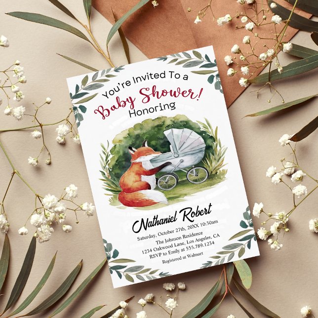 Watercolor Woodland Baby Fox Boy Shower Inbjudningar (Skapare uppladdad)