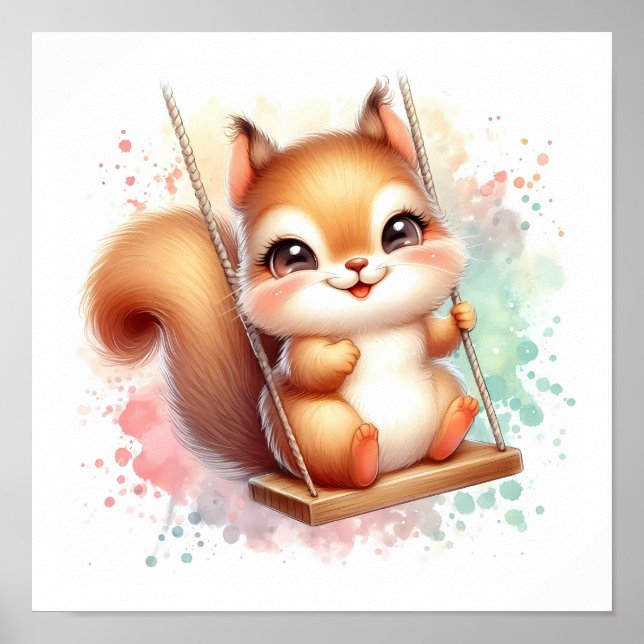 Watercolor Woodland Baby Squirrel Nursery Swing Poster (Framsidan)
