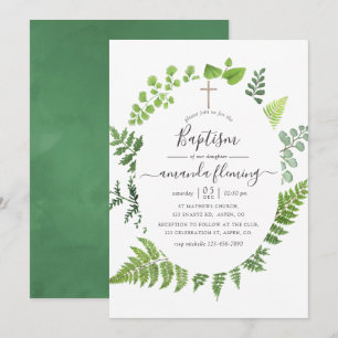 Watercolor Woodland Forest Greenery Baptism Inbjudningar
