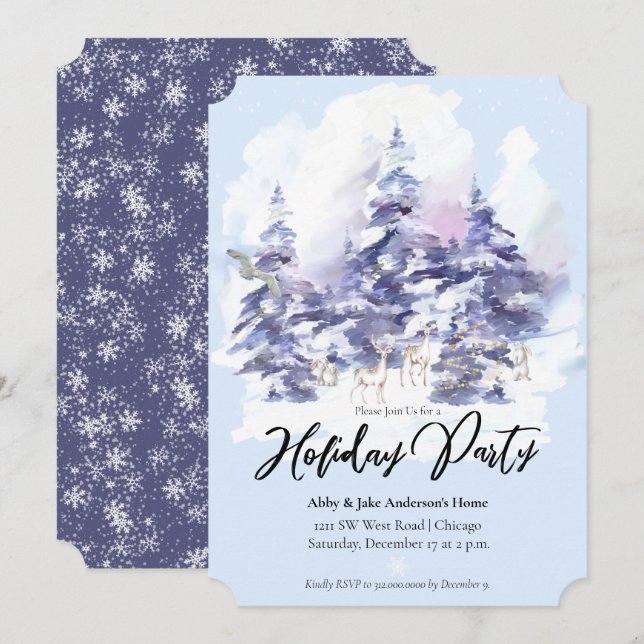 Watercolor Woodland Forest Winter Julfest Inbjudningar (Fram/baksida)