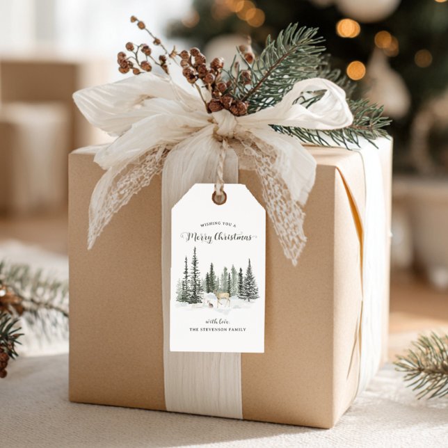 Watercolor Woodland God jul Presentetikett (Watercolor Woodland Merry Christmas Gift Tags)