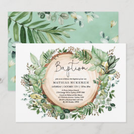 Watercolor Woodland Greenery Baptism Christening Inbjudningar