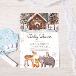 Watercolor Woodland House Snö Winter Baby Shower Inbjudningar