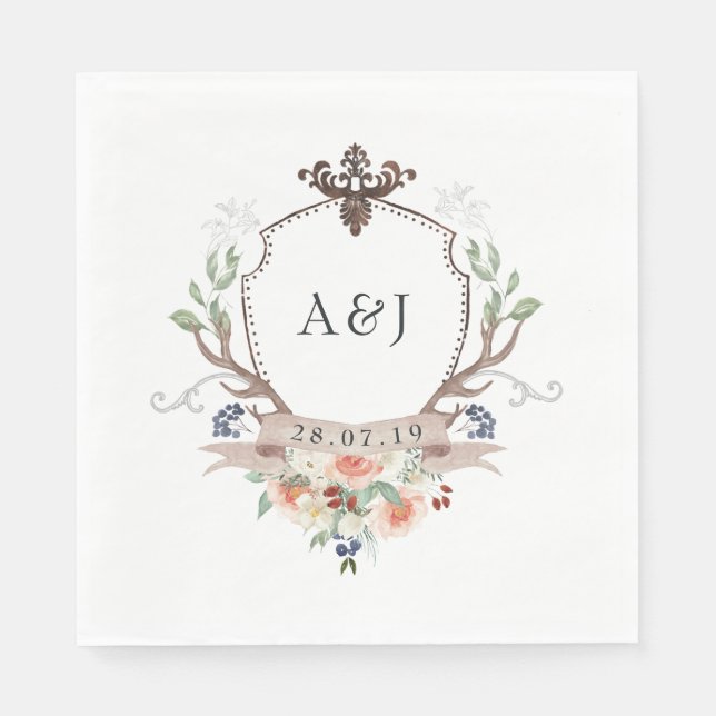 Watercolor Woodland Laurel Vapensköld Monogram Brö Pappersservett (Framsidan)
