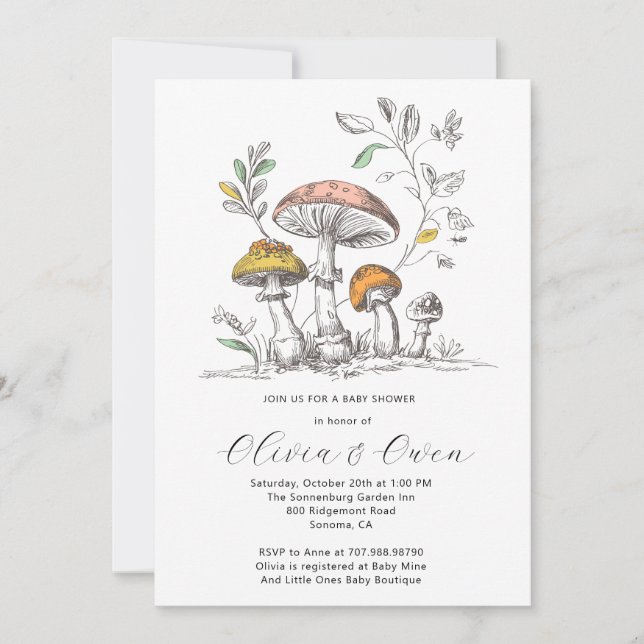 Watercolor Woodland Mushrooms Baby Shower Inbjudningar (Framsida)