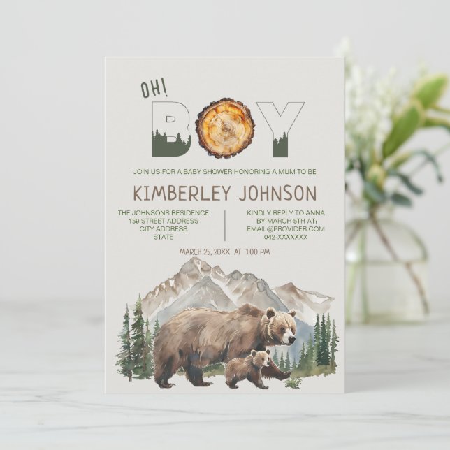 Watercolor Woodland Oh Boy Bear Baby Shower Inbjudningar (Stående Fram)