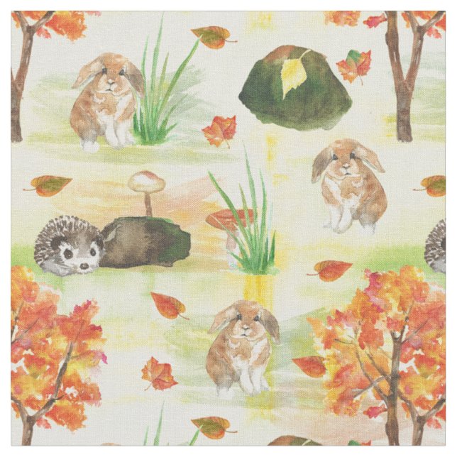 Watercolor Woodland Rabbit,Hedgehog Tyg (Närbild)
