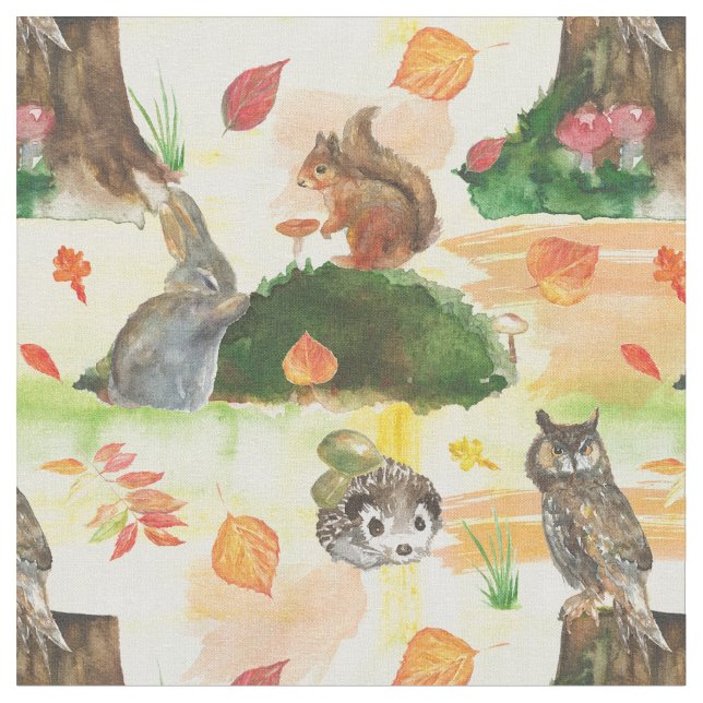 Watercolor Woodland Rabbit, uggla, ekorre, hedgeho Tyg (Närbild)