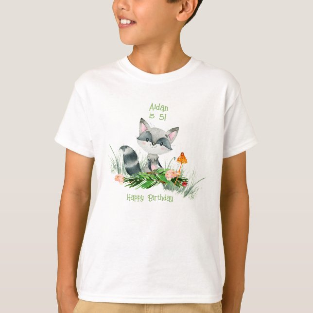 Watercolor Woodland Raccoon Cute Birthday T-Shirt (Framsida)