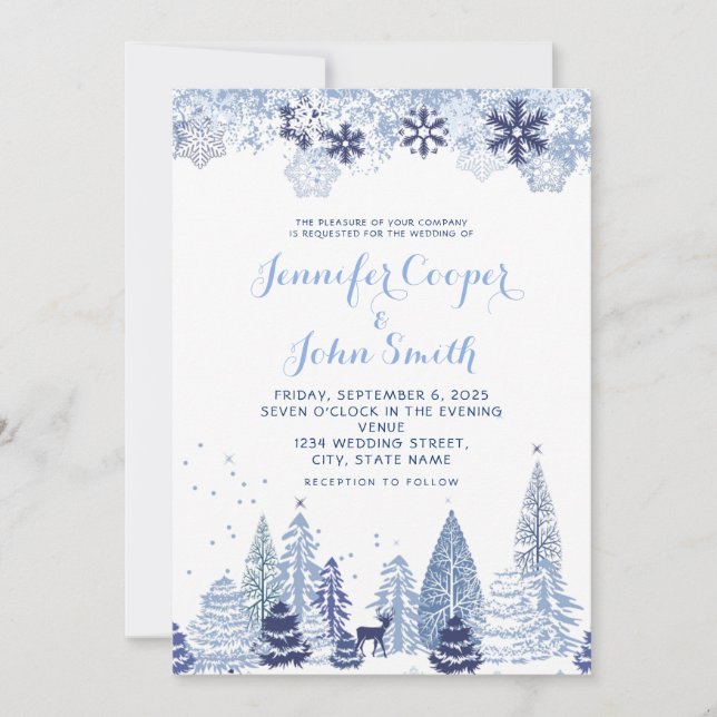 Watercolor Woodland Snöflingor Winter Wedding Inv Inbjudningar (Framsida)