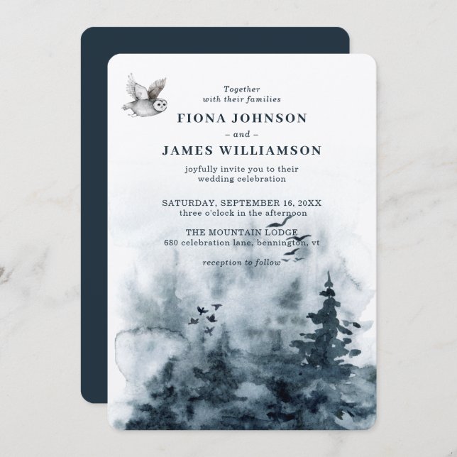 Watercolor Woodland Uggla Träd Bröllop Inbjudningar (Fram/baksida)