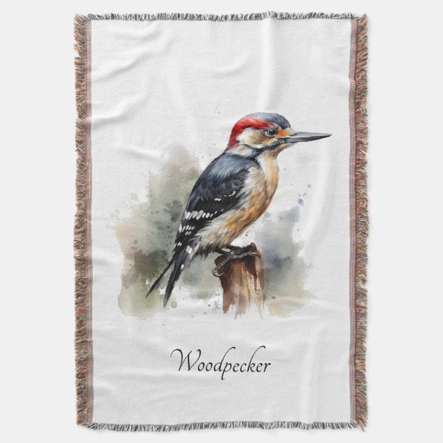 Watercolor Woodland Woodpecker, anpassningsbar Filt (Framsidan Vertikal)