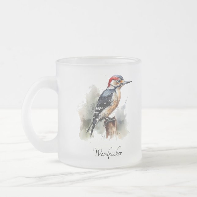 Watercolor Woodland Woodpecker, anpassningsbar Frostad Glasmugg (Vänster)