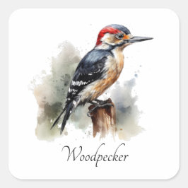 Watercolor Woodland Woodpecker, anpassningsbar Fyrkantigt Klistermärke