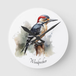 Watercolor Woodland Woodpecker, anpassningsbar Rund Klocka