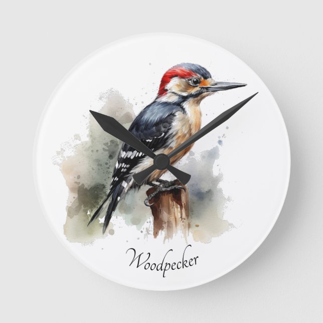 Watercolor Woodland Woodpecker, anpassningsbar Rund Klocka (Framsida)
