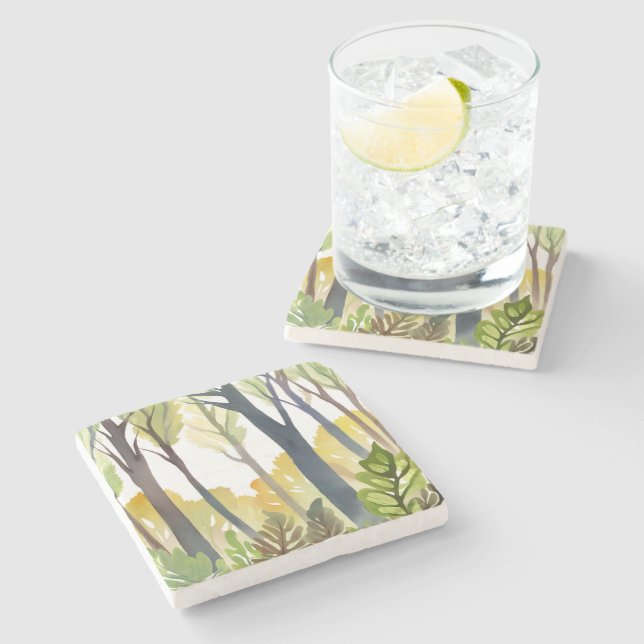 Watercolor Woods | Grön natur Skogs målning Stenunderlägg (Sidan)