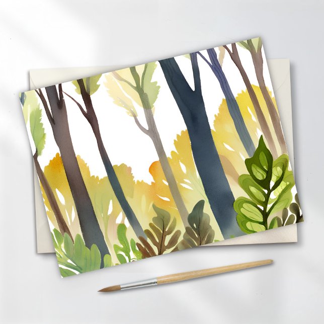 Watercolor Woods | Grön natur Skogs målning Vykort (Skapare uppladdad)