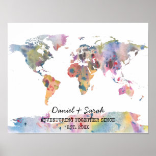 Watercolor World map abstrakt art poster