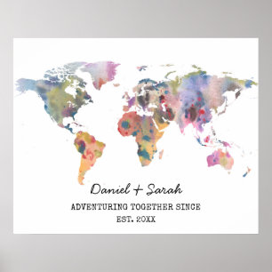 Watercolor World map abstrakt art poster