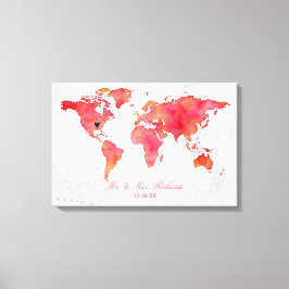 Watercolor World Map Bröllop Alternative Guestbook Canvastryck