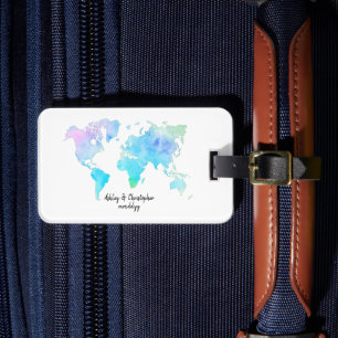Watercolor World Map Bröllop Newlyged Resa Gift Bagagebricka