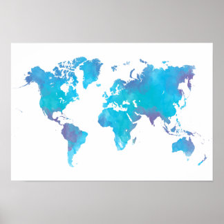 Watercolor World Map för coola Färgad Poster