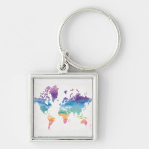 Watercolor World Map Fyrkantig Silverfärgad Nyckelring