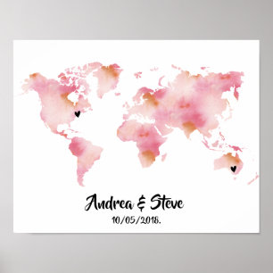Watercolor World Map med löstagbara hjärtan par Poster