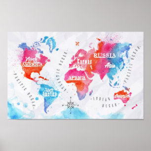 Watercolor World map rosa blue Poster