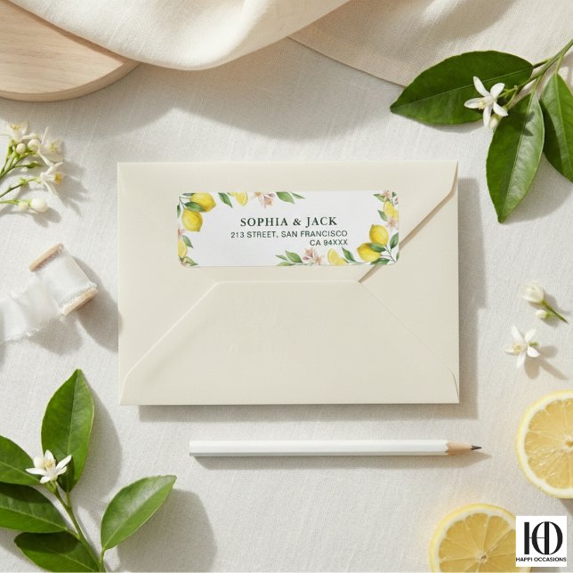 Watercolor Wreath Mediterranean Citrus Wedding Returadress Etikett (Skapare uppladdad)