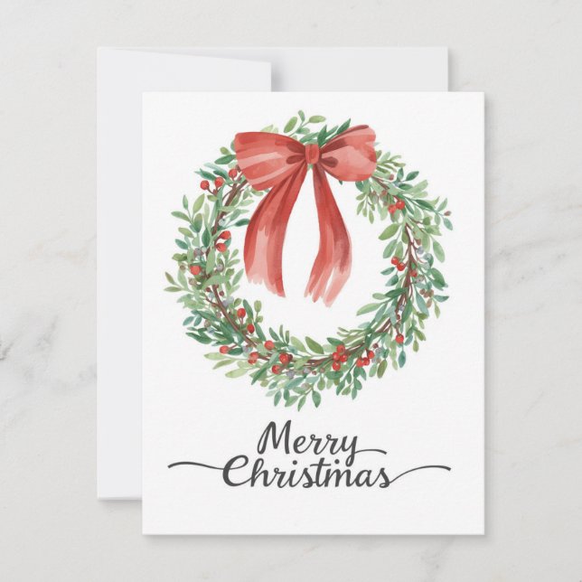 Watercolor Wreath Red Bow Merry Christmas Julkort (Framsida)