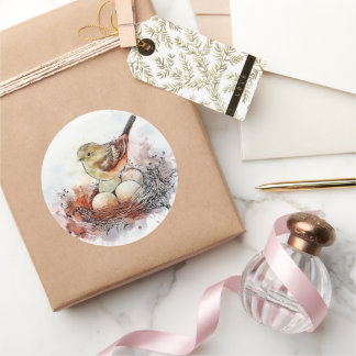Watercolor Wren Nest Runt Klistermärke
