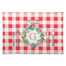 Watercolor Xmas Wreath MONOGRAM Red Check 