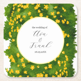 Watercolor Yellow Floral Garden White Wedding Underlägg Papper Kvadrat