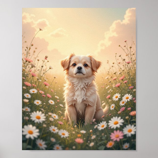 Watercolor Yorkshire Terrier i Flower Fält Wall Poster (Framsidan)