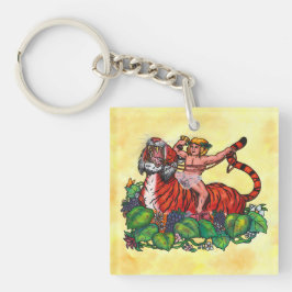 Watercolor Young Bacchus smiling ridning a Tiger