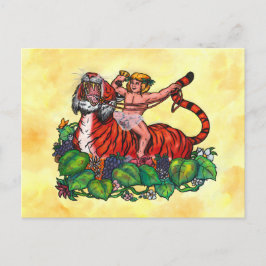 Watercolor Young Bacchus smiling ridning a Tiger Vykort