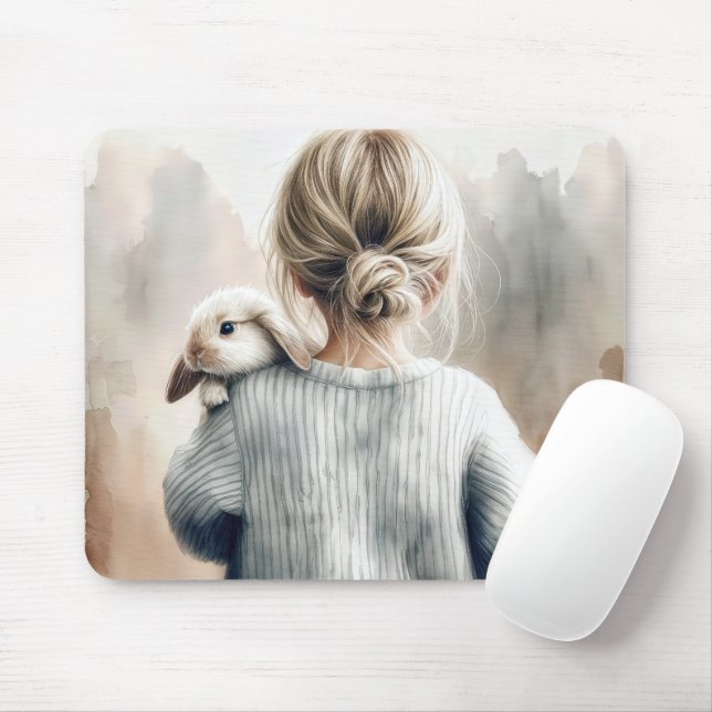 Watercolor Young Girl with Pet Rabbit Musmatta (Med mus)