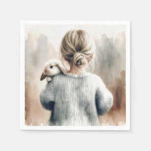 Watercolor Young Girl with Pet Rabbit Pappersservett