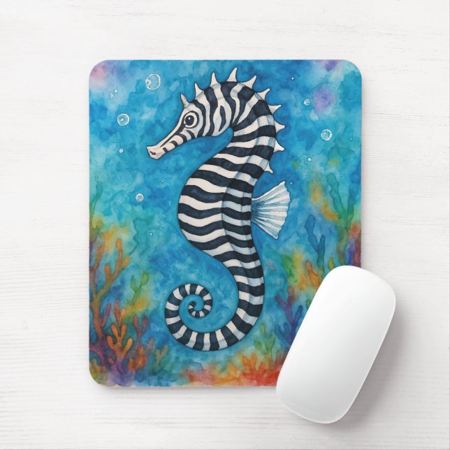 Watercolor Zebra Seahorse Musmatta (Med mus)