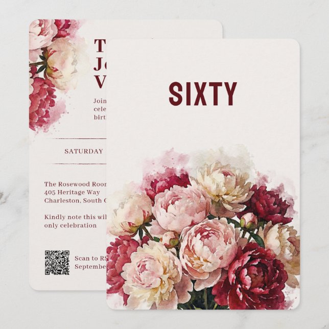 Watercolour Blommor | Elegant Peony 60-årsdag Inbjudningar (Fram/baksida)