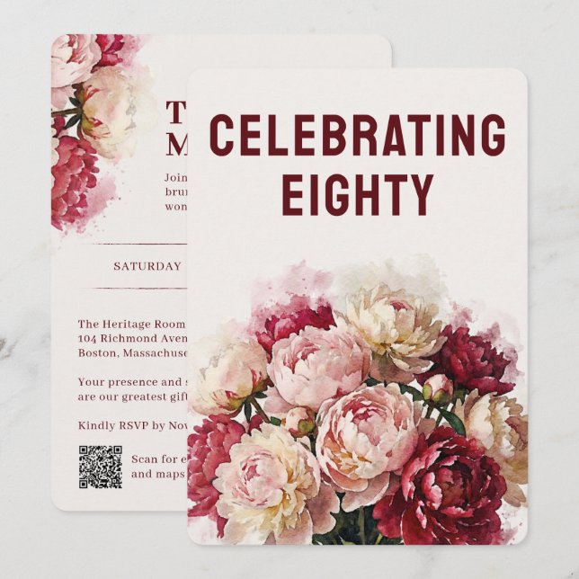 Watercolour Blommor | Elegant Peony 80-årsdag Inbjudningar (Fram/baksida)