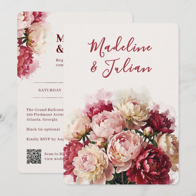 Watercolour Blommor | Peony Bröllopsmottagning Inbjudningar (Fram/baksida)