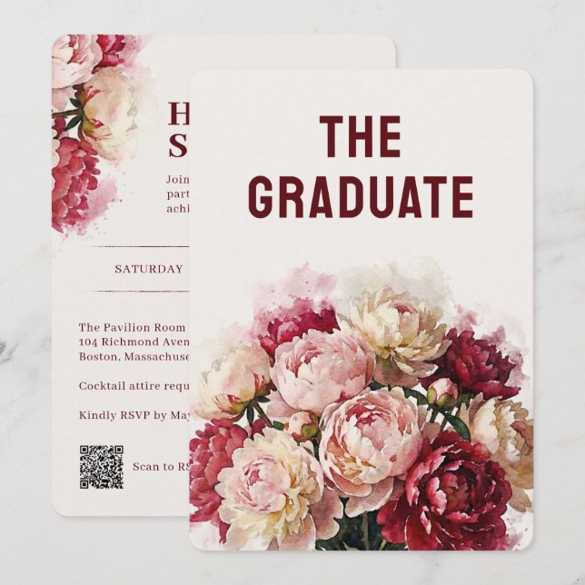 Watercolour Blommor | Peony Examenfest Inbjudningar (Fram/baksida)