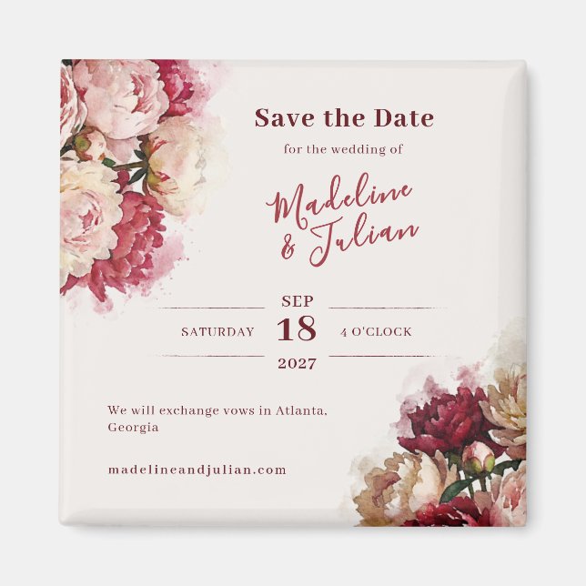 Watercolour Blommor | Peony Spara Datum Magnet (Framsidan)